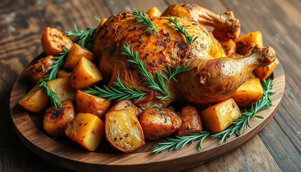 Frango assado com batatas e alecrim